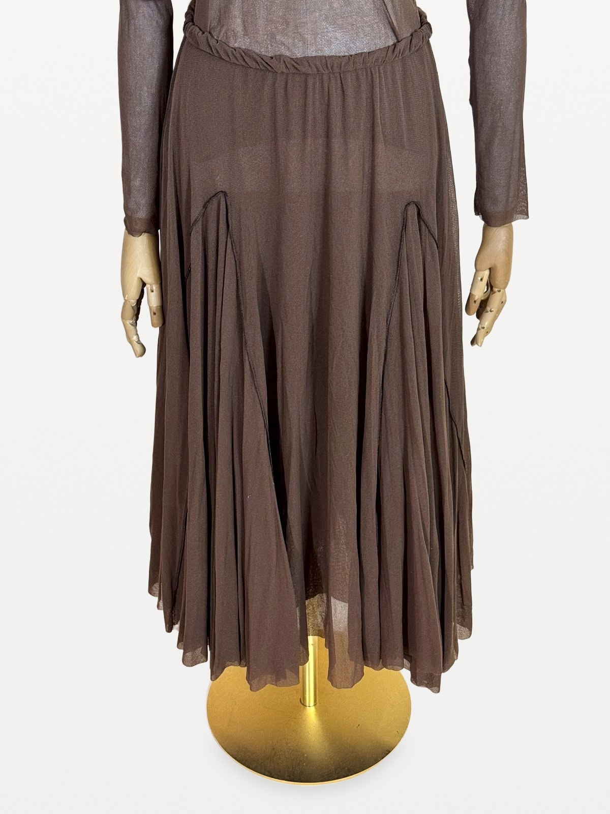 Fuzzi Two-Piece Set (Top and Flared Skirt) in Stretch Tulle in Chocolate Brown 3