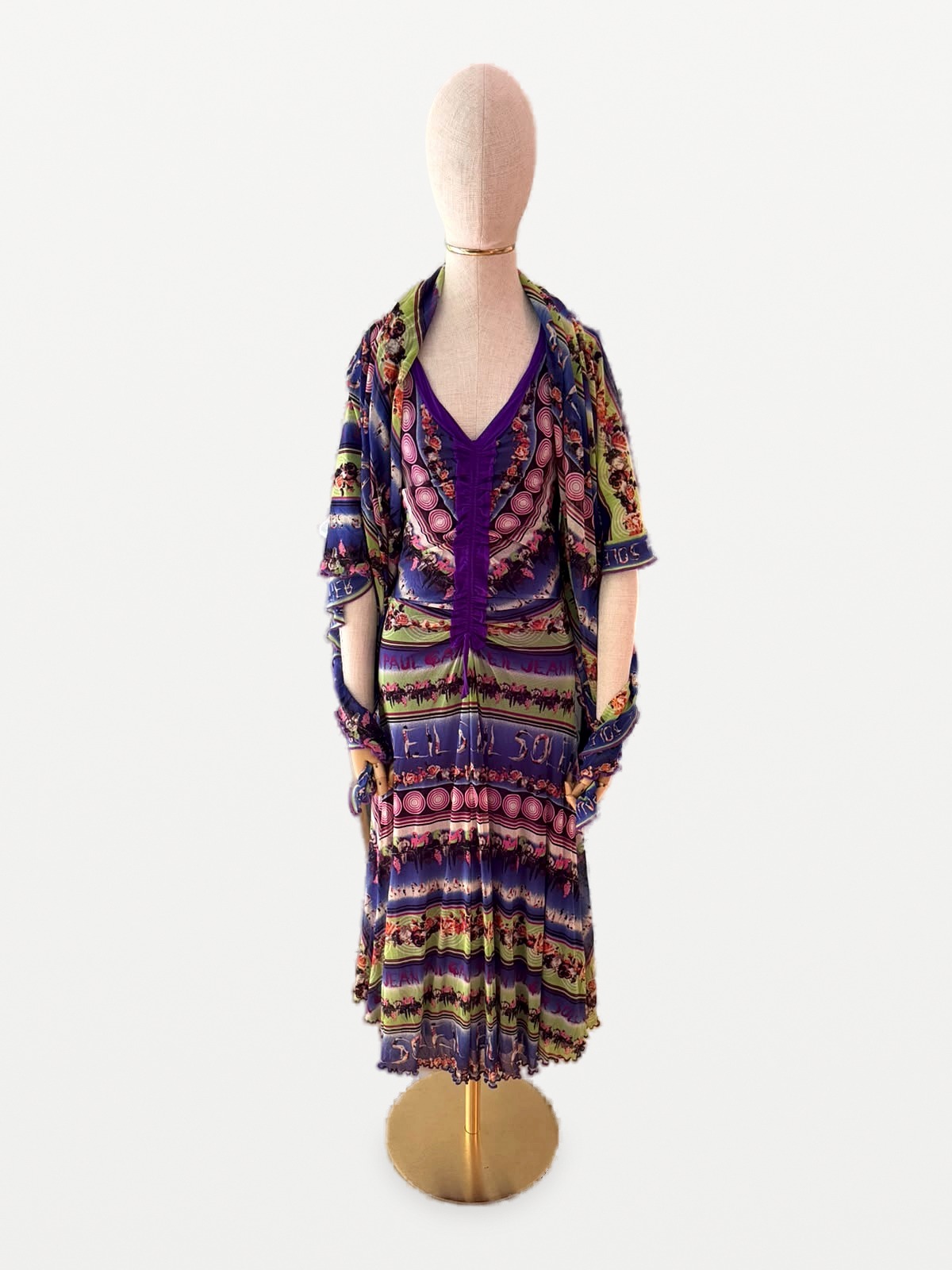 Jean Paul Gauliter Jean Paul Gaultier Soleil Dress and Scarf Set in Printed Tulle Mesh