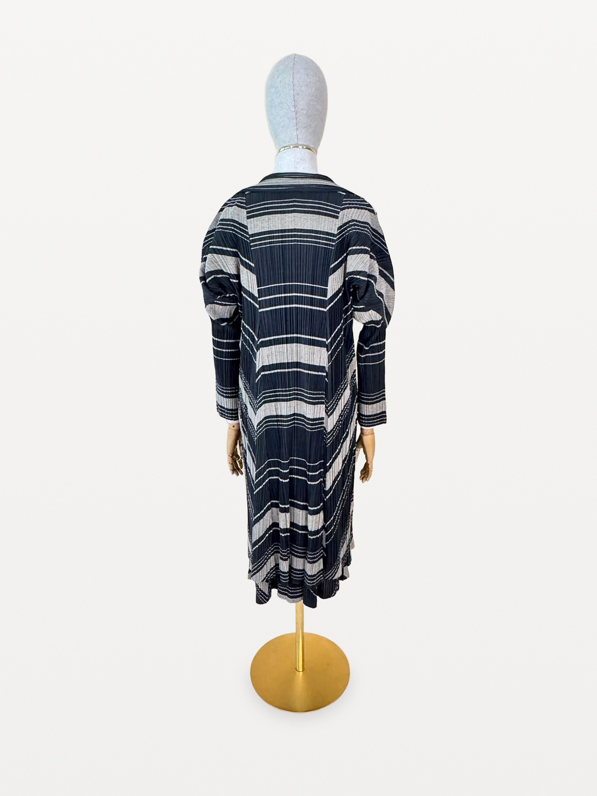 Pleats Please Issey Miyake Two-Piece Set (Midi Dress and Coat / Long Pleated Coat) with Horizontal and Diagonal Stripes 2