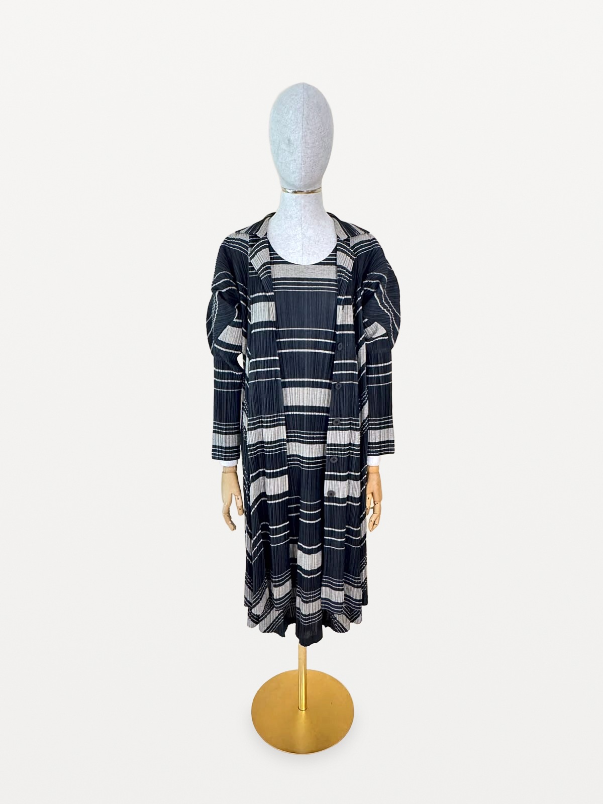 Pleats Please Issey Miyake Pleats Please Issey Miyake Two-Piece Set (Midi Dress and Coat / Long Pleated Coat) with Horizontal and Diagonal Stripes