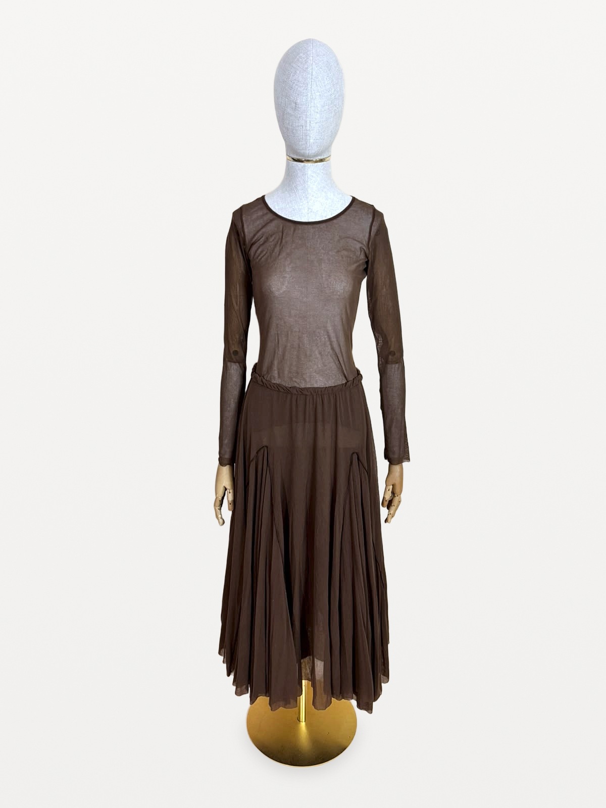 Fuzzi Fuzzi Two-Piece Set (Top and Flared Skirt) in Stretch Tulle in Chocolate Brown