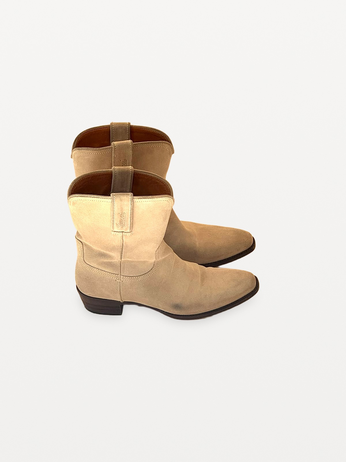 Vintage Gucci-style cowboy ankle boots in beige suede 4