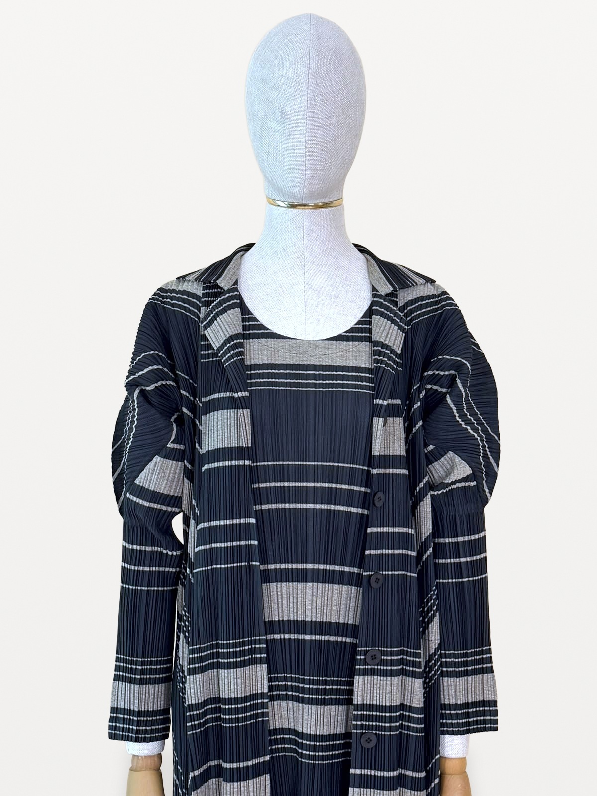 Pleats Please Issey Miyake Two-Piece Set (Midi Dress and Coat / Long Pleated Coat) with Horizontal and Diagonal Stripes 4