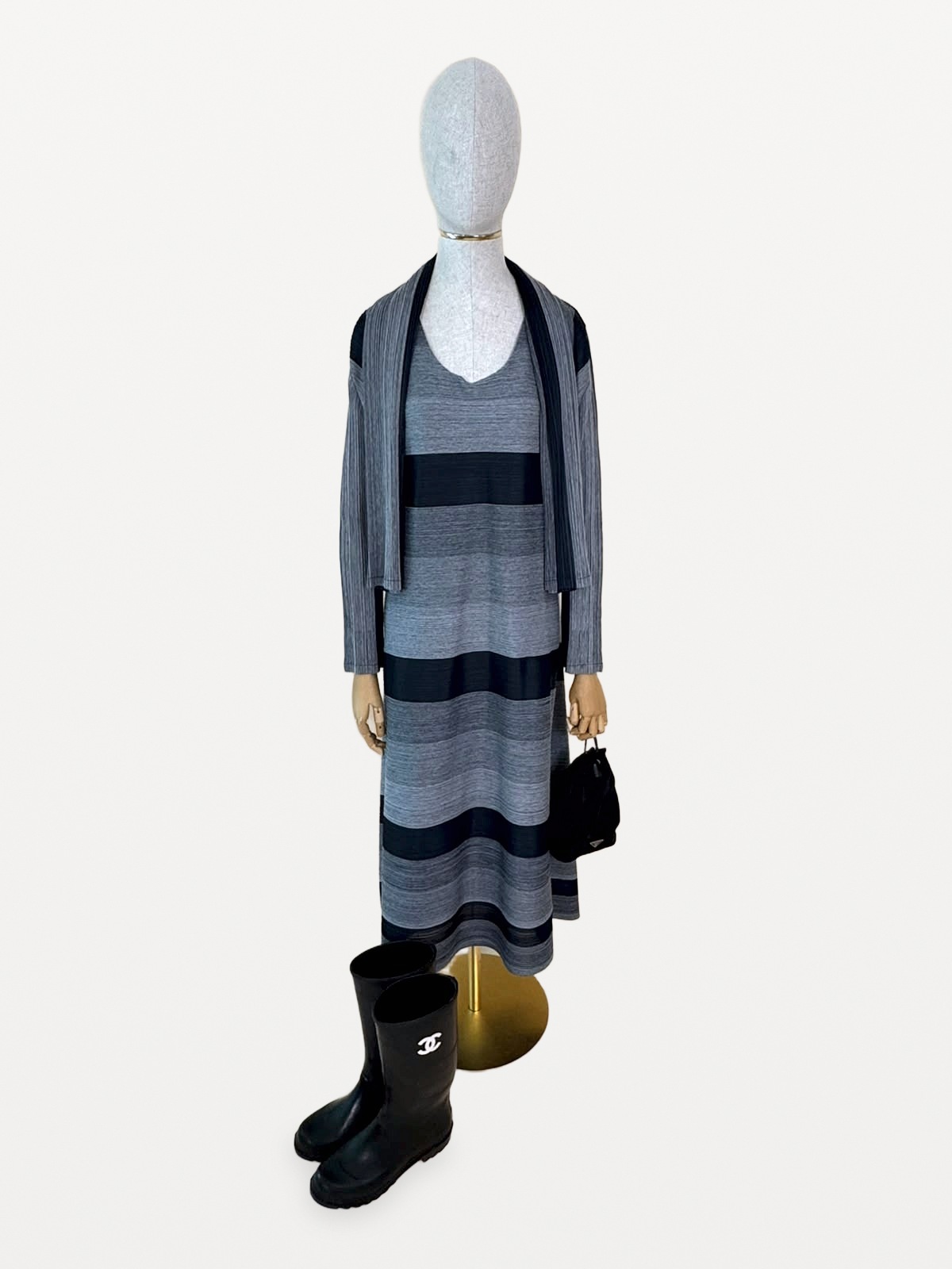 Pleats Please Issey Miyake Pleats Please Issey Miyake Two-Piece Set (Long Dress and Pleated Jacket) in a Grey Melange and Black Colourway