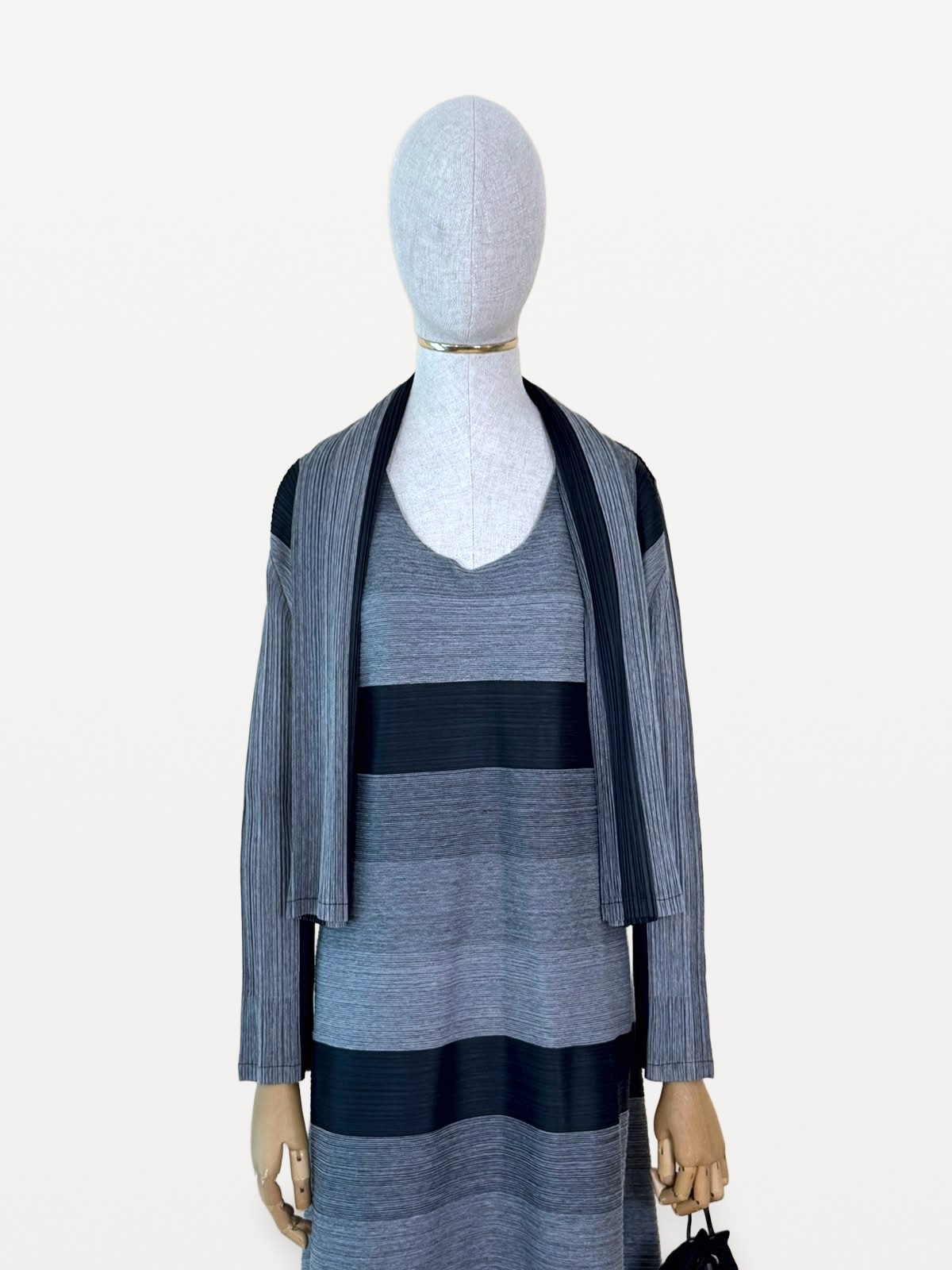 Pleats Please Issey Miyake Two-Piece Set (Long Dress and Pleated Jacket) in a Grey Melange and Black Colourway 2