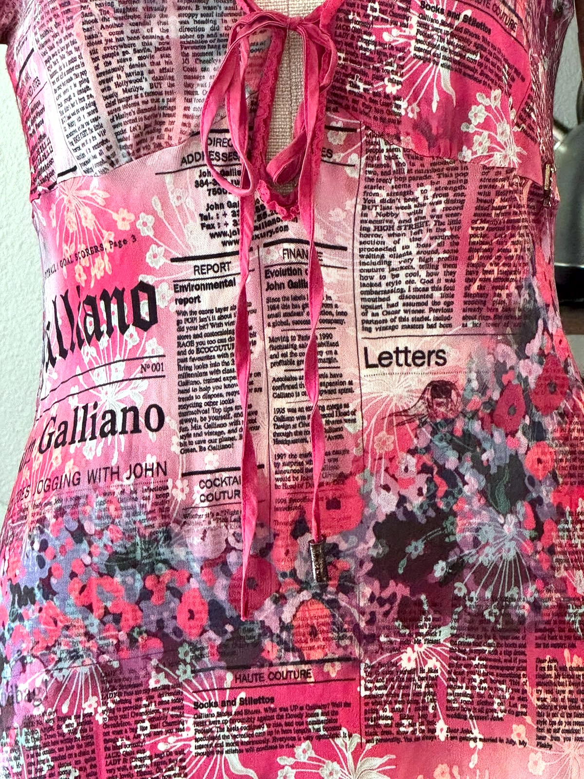 Galliano Galliano dress by John Galliano featuring a ‘Gazette’ newspaper print in shades of pink 3