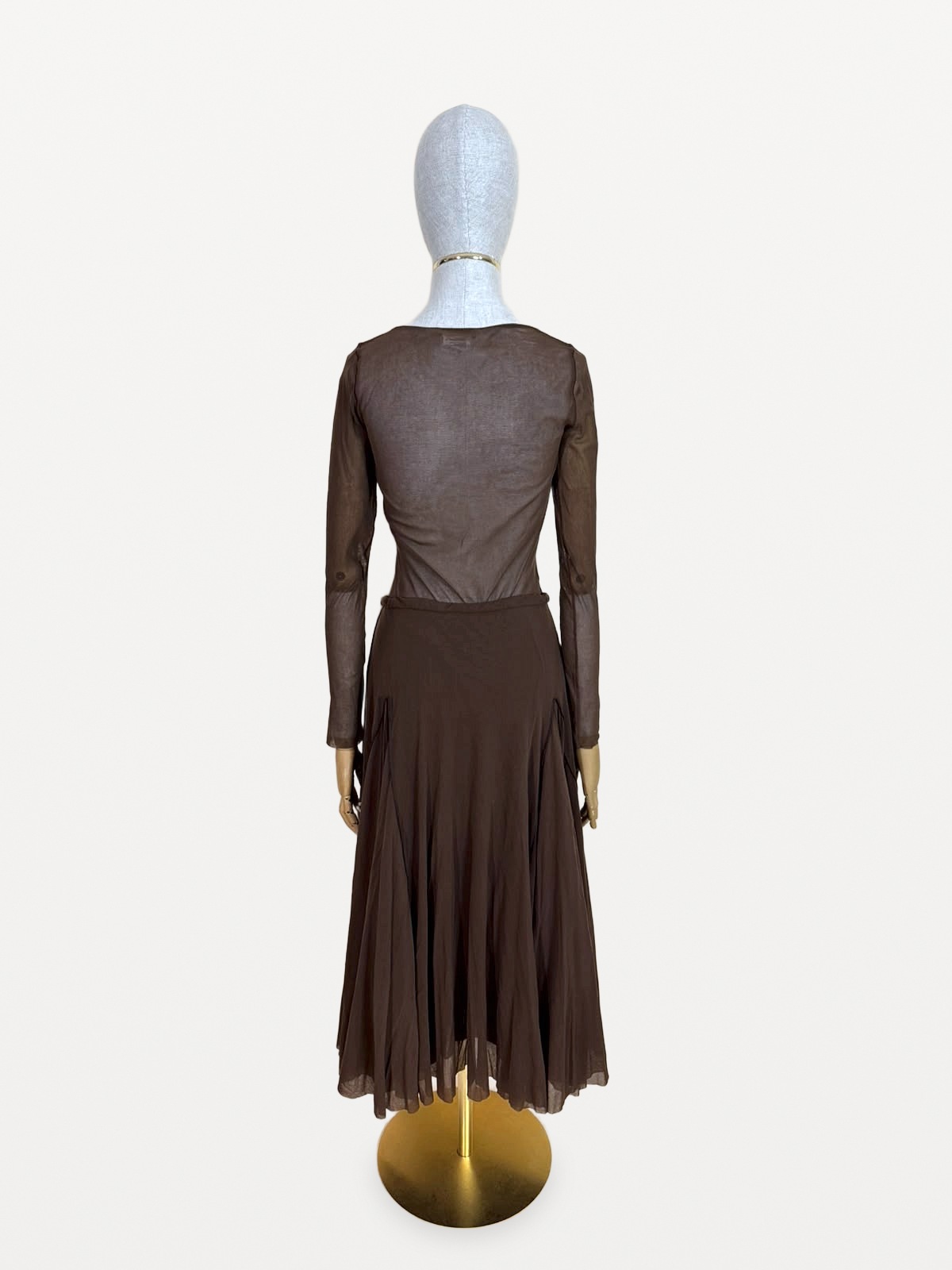 Fuzzi Two-Piece Set (Top and Flared Skirt) in Stretch Tulle in Chocolate Brown 5