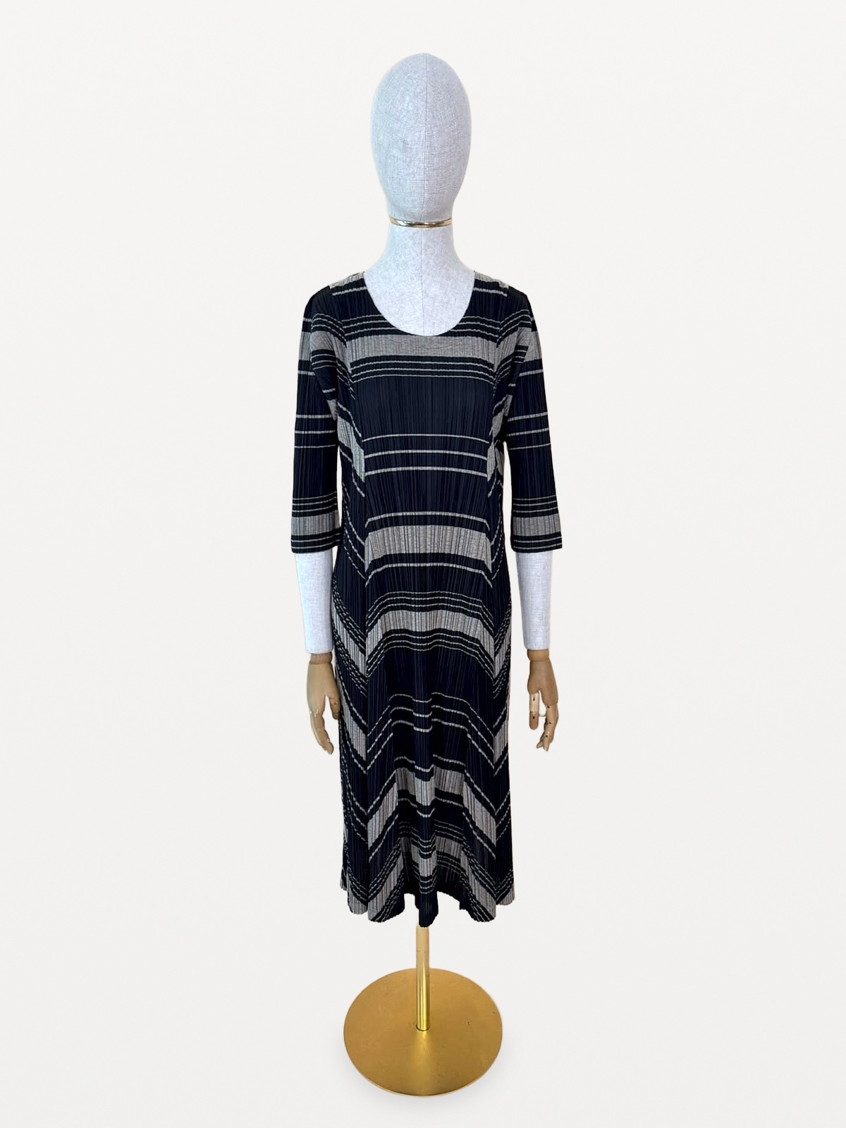 Pleats Please Issey Miyake Two-Piece Set (Midi Dress and Coat / Long Pleated Coat) with Horizontal and Diagonal Stripes 3