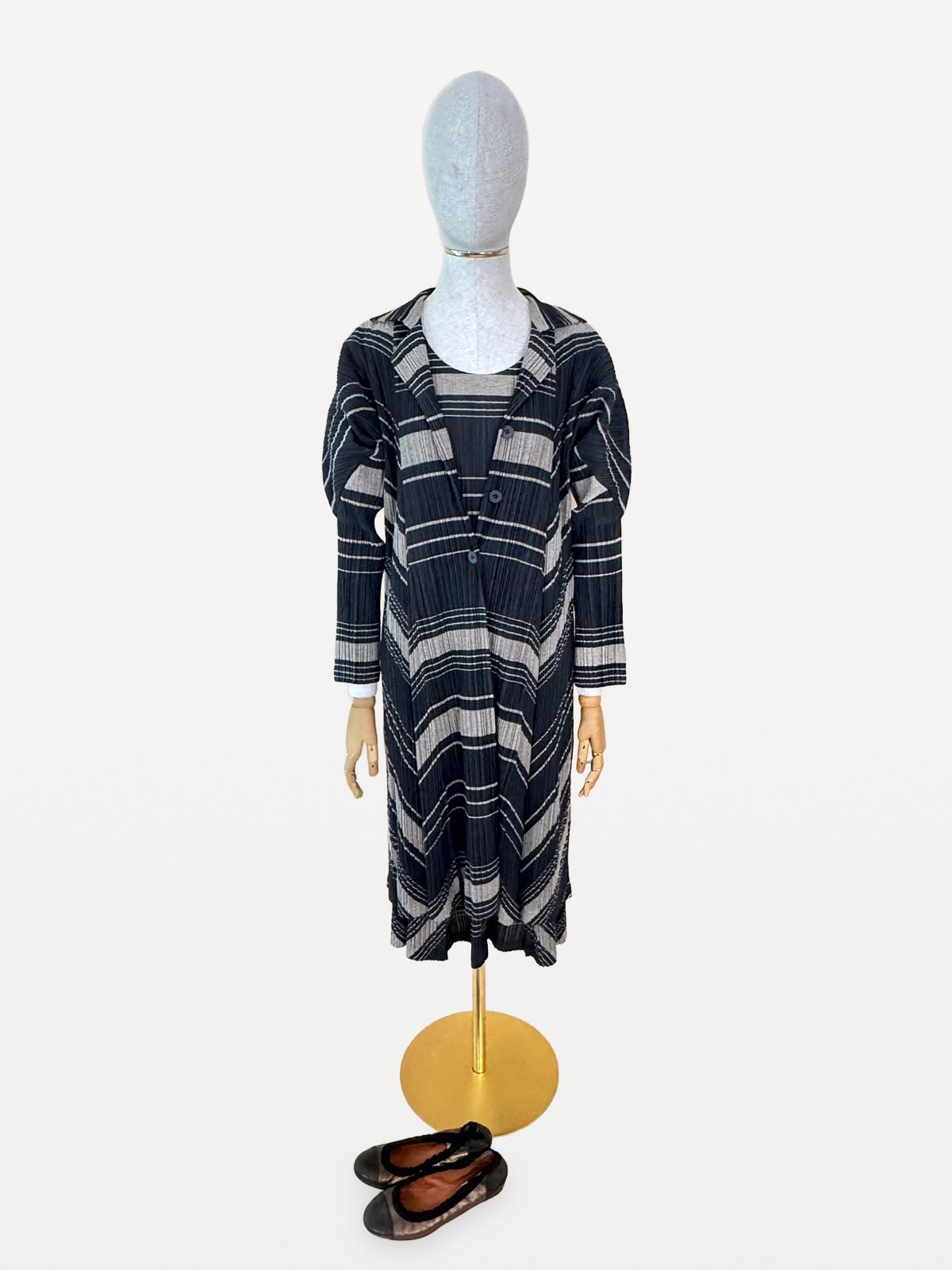 Pleats Please Issey Miyake Two-Piece Set (Midi Dress and Coat / Long Pleated Coat) with Horizontal and Diagonal Stripes 10
